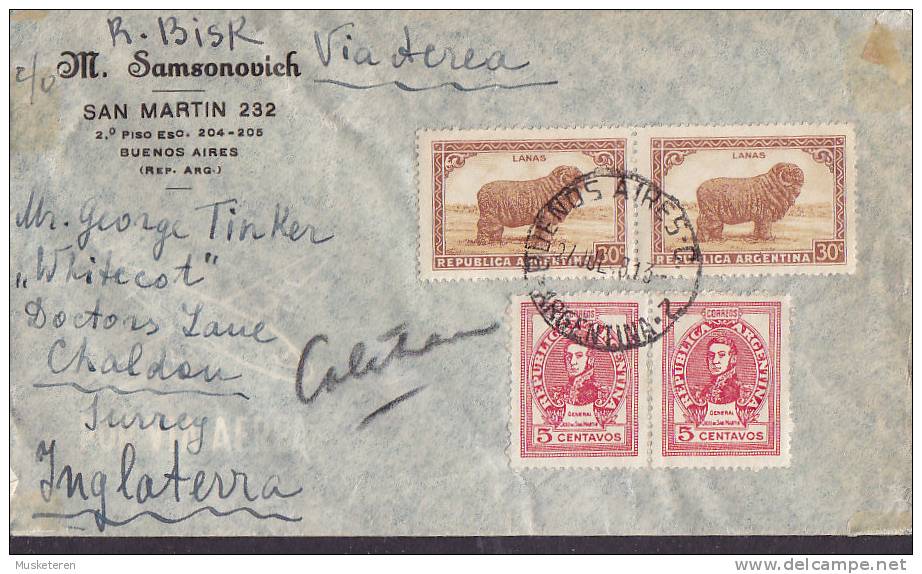 Argentina M. SAMSONOVICH, BUENOS AIRES 1948 Cover Letra To CHOULSDON Surrey England (2 Scans) - Lettres & Documents