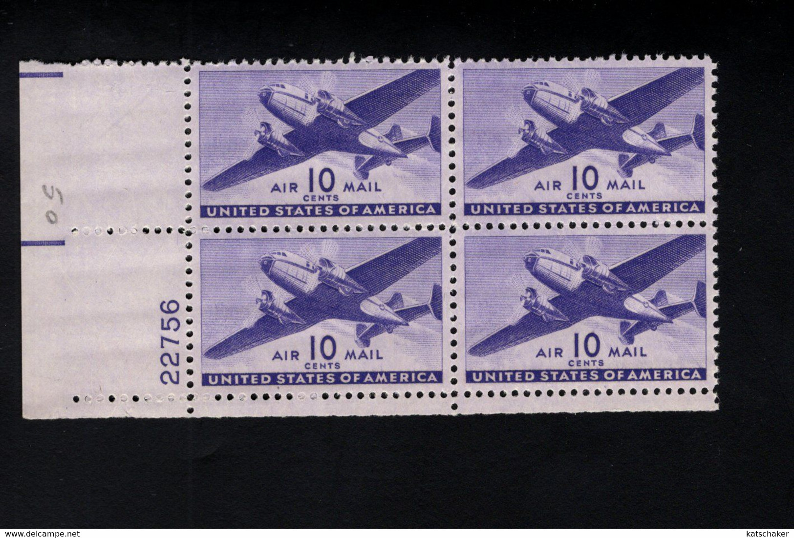 200971775 1941 (XX) POSTFRIS MINT NEVER HINGED SCOTT C27 PLATE 22756  BLOCK OF 4 TWIN MOTORED TRANSPORT PLANE - 2b. 1941-1960 Unused