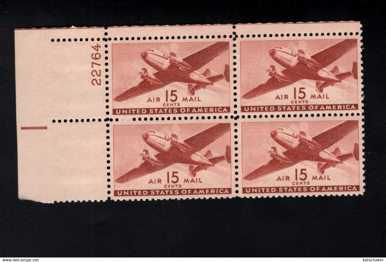 200971958 1941 (XX)POSTFRIS MINT NEVER HINGED SCOTT C28 PLATE 22764 BLOCK OF 4 TWIN MOTORED TRANSPORT PLANE - 2b. 1941-1960 Neufs