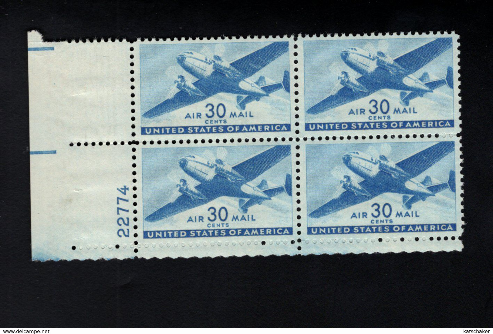 200972275 1941 (XX) POSTFRIS MINT NEVER HINGED  SCOTT C30 PLATE 22774 BLOCK OF 4 TWIN MOTORED TRANSPORT PLANE - 2b. 1941-1960 Neufs