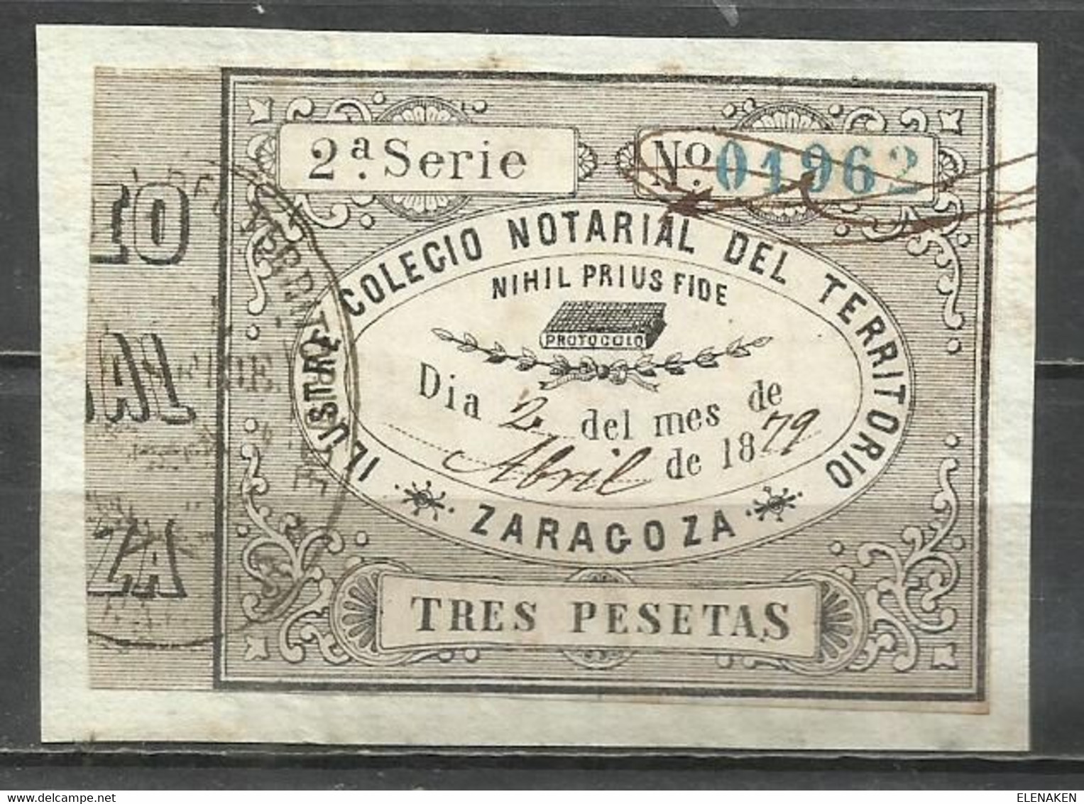 2774-SELLO FISCAL CORPORATIVO COLEGIO NOTARIAL ZARAGOZA DATA 18.. E PESETAS Sello FISCAL DATA Corporativo Colegio Notari - Revenue Stamps