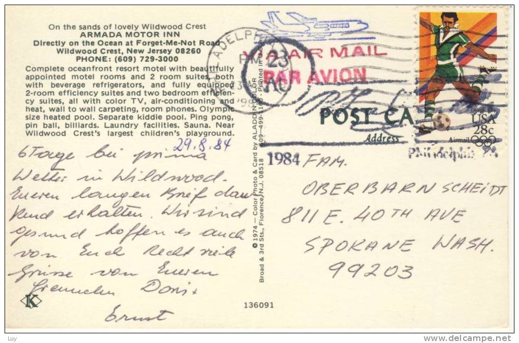 Hotel ARMADA MOTOR INN, WILDWOOD Crest, NJ - Advertise Card, Airmail,  Interesting Postmark, Soccer Stamp, Fußball-Marke - Other & Unclassified