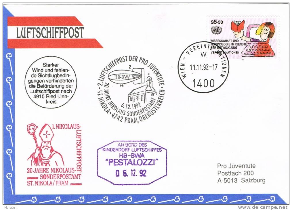 0429. Tarjeta Luftschiffpost WIEN (Austria) 1992. Vereinten Nationen - Briefe U. Dokumente