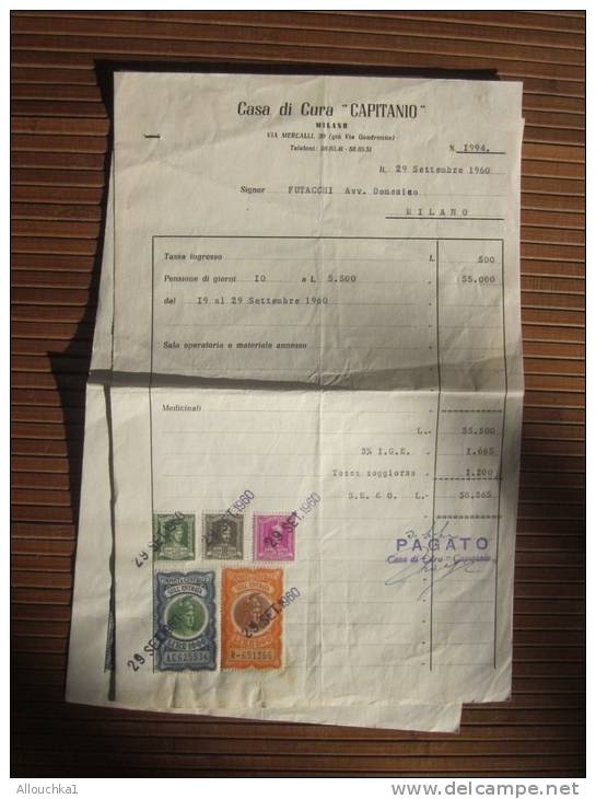 1960 Nota Hôtel Casa Di Cura"Capitanio Milano Facture Commercial + 5 Timbres Fiscaux (fiscal) Marca Da Bollo Francobolli - Italia