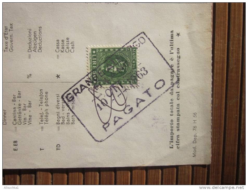 1963 Nota Grand Hôtel De Milan Milano Facture Commercial + 2 Timbres Fiscaux (fiscal) Marca Da Bollo Francobolli - Italia