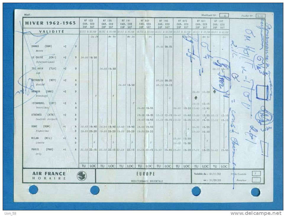 D561 / Timetables PLAN DE TRANSPORT -  WINTER AIR FRANCE HORAIRE - HIVER 1962 -1963 France Frankreich Francia - Orari