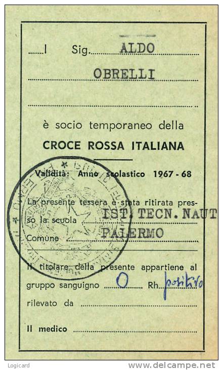 TESSERA CROCE ROSSA ITALIANA SOCIO TEMPORANEO ANNO 1967/68 - Documenti Storici