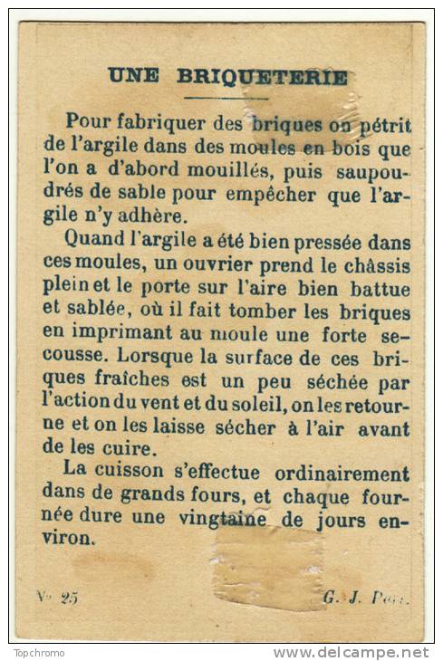 CHROMO Didactique Briqueterie Argile Briques Moule Presse Brouette Ouvriers - Autres & Non Classés