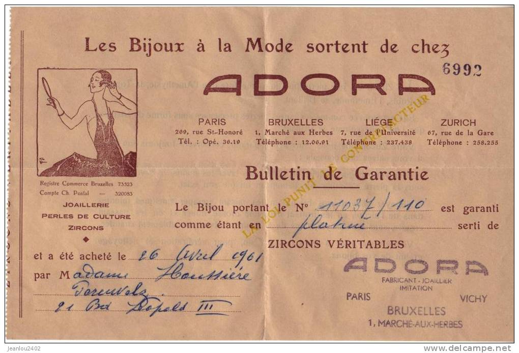 BIJOUTERIE ADORA - BULLETIN DE GARANTIE - 1950 - ...