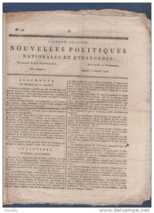 NOUVELLES POLITIQUES NATIONALES ET ETRANGERES 20 VENDEMIAIRE AN 3 1794 - MANHEIM - BRUXELLES JULIERS - COLOGNE - EMIGRES - Zeitungen - Vor 1800