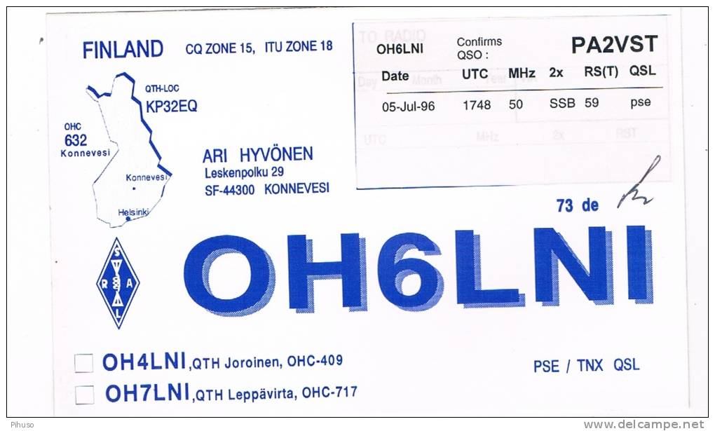 QSL- 125    FINLAND : KONNEVESI : OH6LNI - Autres & Non Classés