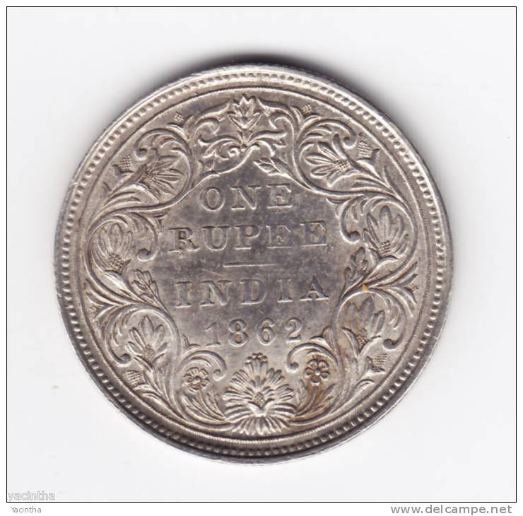 @Y@    British India 1 Rupee 1862 Silber 4 Dots   (2046)   Type II Has Five Smaller Petals. - Indien