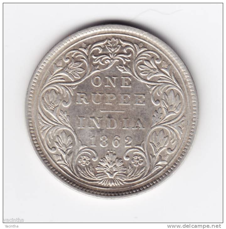 @Y@    British India 1 Rupee 1862 Silber 3 Dots    (2047)  Type II Has Five Smaller Petals. - Inde