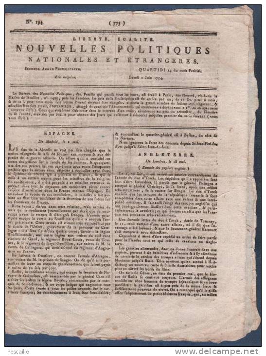 NOUVELLES POLITIQUES NATIONALES ET ETRANGERES 14 PRAIRIAL AN 3 1794 - MADRID - FLANDRE - AISNE - ROUEN - GEFFROY - Periódicos - Antes 1800