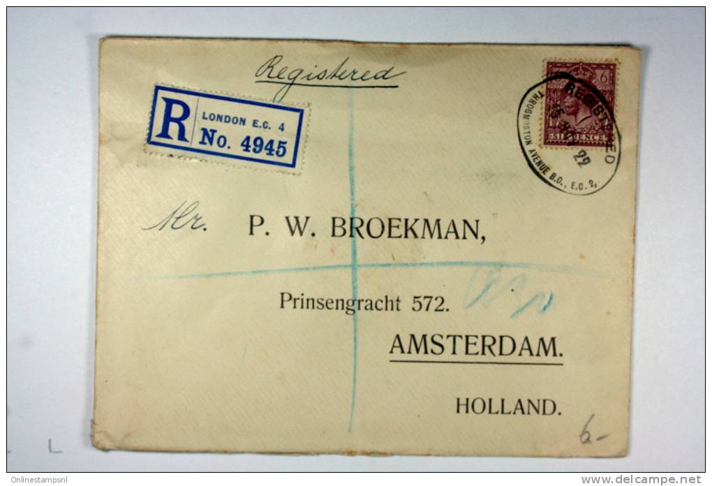 UK:  1922 Registered CoverLondon To Amsterdam Wax Sealed - Brieven En Documenten