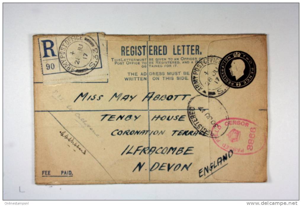 UK:   Registered Military Cover 1917, Army Postoffice To Ilfracombe Devon - Stamped Stationery, Airletters & Aerogrammes