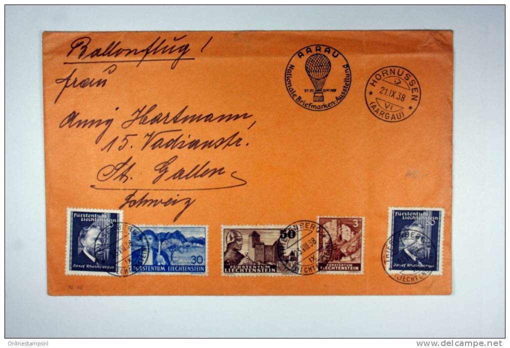 Liechtenstein, Cover 1938 Ballonflug, Hornussen To St. Gallen Schweiz, Nat. Briefmarken Ausstellung - Lettres & Documents