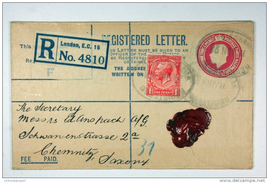 UK: 1928 Upgraded Registered Letter London To Chemnitz, Saxony Germany, Wax Sealed - Entiers Postaux