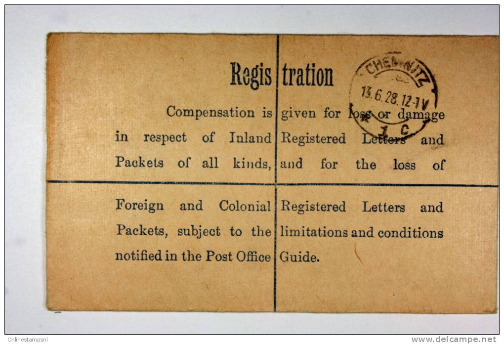 UK: 1928 Upgraded Registered Letter London To Chemnitz, Saxony Germany, Wax Sealed - Stamped Stationery, Airletters & Aerogrammes