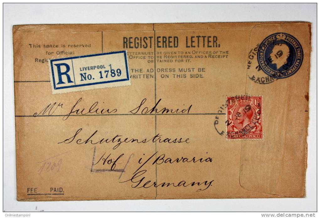 UK: 1919 Upgraded Registered Letter Liverpool To Hof In Bavaria Germany - Stamped Stationery, Airletters & Aerogrammes