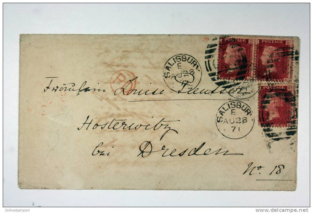 UK: Cover 1871, Salisbury To Dresden Germany Strip Of 2 + 1 - Brieven En Documenten