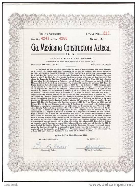 O) 1949 MEXICO, STOCKS TWENTY, Nº213, CIA MEXICANA CONSTRUCTORA AZTECA. - Other & Unclassified