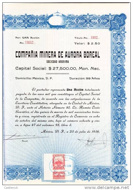 O) 1936 MEXICO, ONE STOCK, COMPAÑIA MINERA DE AURORA BOREAL. - Autres & Non Classés