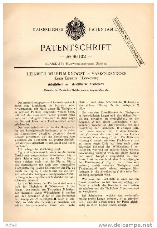 Original Patentschrift - H. Knoost In Markoldendorf , Kr. Einbeck ,1891 , Einstellbarer Arbeitstisch , Architekt , Möbel - Altri & Non Classificati