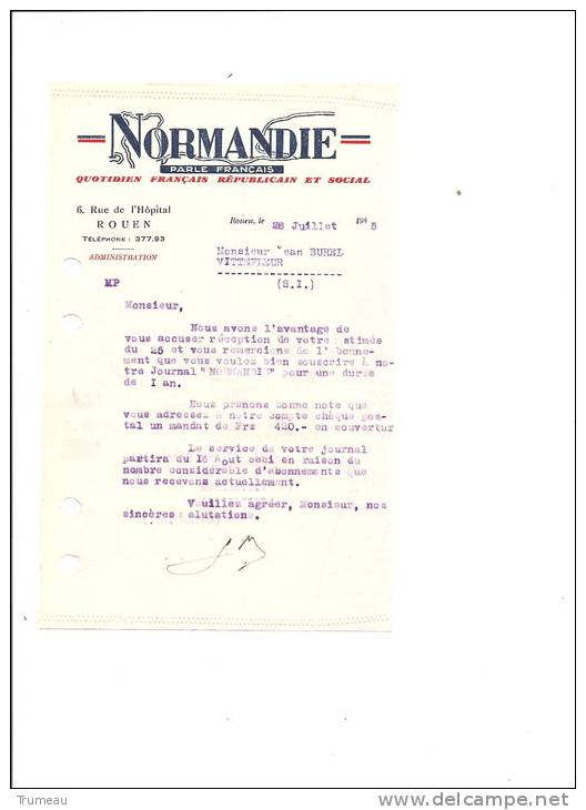 JOURNAL LE NORMANDIE -ROUEN -28 JUILLET 1945 - Imprimerie & Papeterie