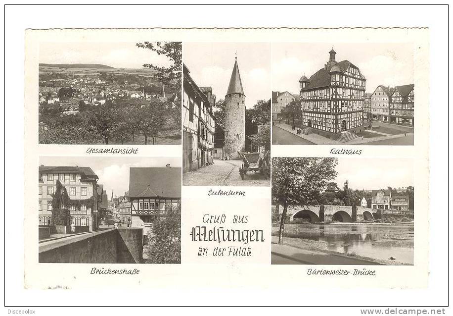 G1928 Gruss Aus Melsungen - Bruckenstrasse - Rathaus - Eulenturm - Old Mini Card / Viaggiata 1963 - Melsungen