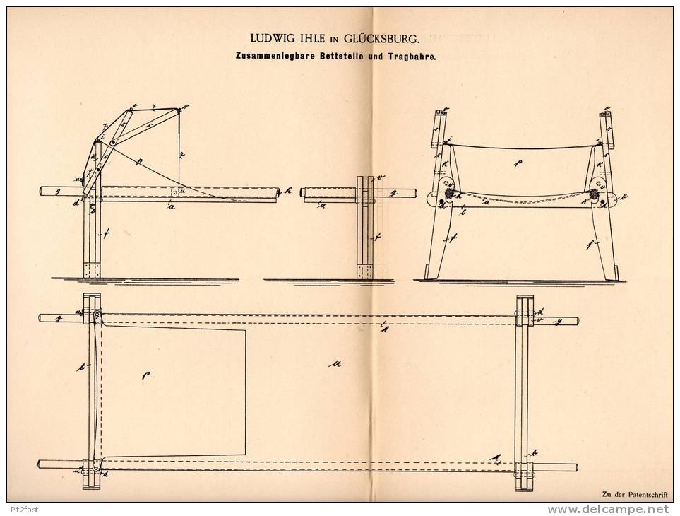 Original Patentschrift - Ludwig Ihle In Glücksburg / Ostsee , 1894 , Bettstelle Als Tragbahre , Bahre , Bett !!! - Sonstige & Ohne Zuordnung