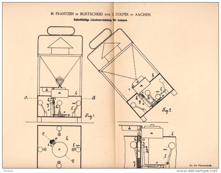 Original Patentschrift - M. Frantzen Und J. Zolper In Burtscheid - Aachen , 1894 , Löschapparat Für Lampen . Lampe !!! - Leuchten & Kronleuchter