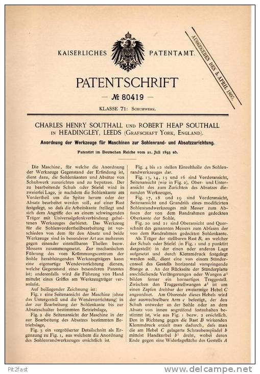 Original Patentschrift - Ch. Southall In Headingley , Leeds , 1893 , Maschine Für Schuhe , Shoes , Shoe , Sohlen !!! - Tools