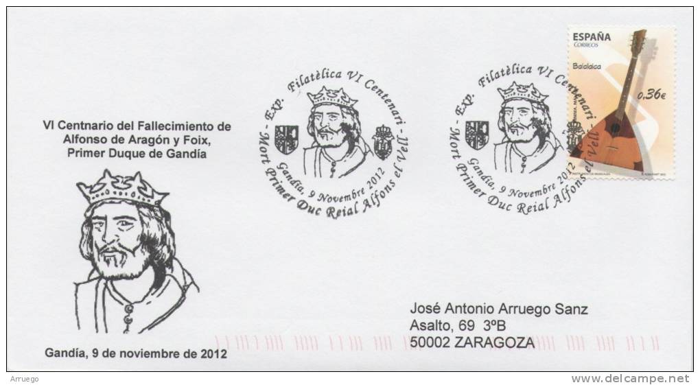 SPAIN. POSTMARK 600th ANIV.ALFONSO DE ARAGON. FIRST DUKE OF GANDIA. 2012 - Kriegssteuermarken