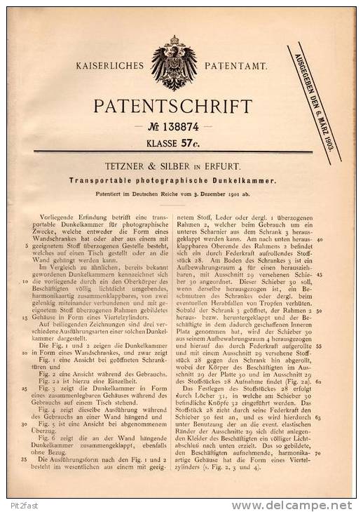 Original Patentschrift - Tetzner & Silber In Erfurt , 1901 , Dunkelkammer Für Photographie , Photografie , Fotografie !! - Historical Documents