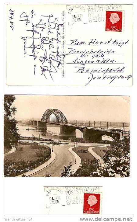 AK Nijmegen. Waalbrug NIJMEGEN 24.VII 14 1955 Uitgave: J.Sleding N. V., Herengr. 315, Amsterdam, Tel. 46032 - Nijmegen