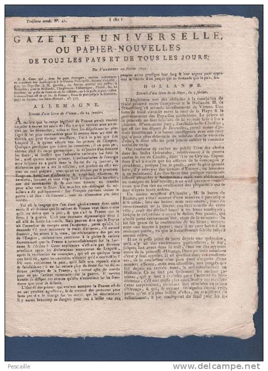 GAZETTE UNIVERSELLE OU PAPIER NOUVELLES 10 02 1792 - AUTRICHE - HOLLANDE - BRUXELLES - ALSACE LORRAINE - BIENS EMIGRES - Newspapers - Before 1800