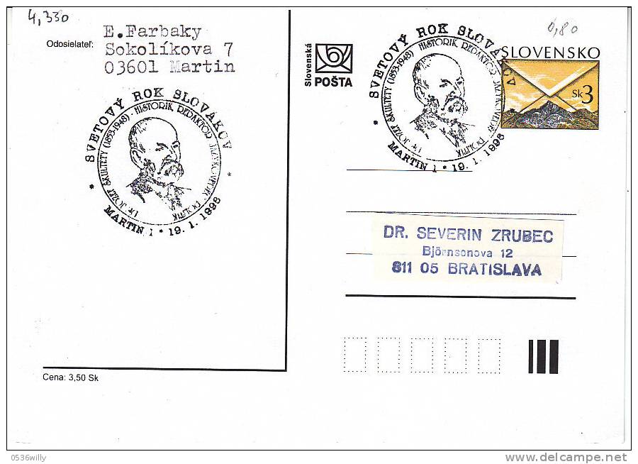 Slovakei-Martin 1998 Skultety Josef, U.a. Zeitungsmitarbeiter. Journalist (4.330) - Storia Postale