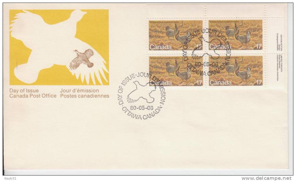 Canada YT 733 FDC : Poule Des Prairies - 1980 - Gallinacées & Faisans