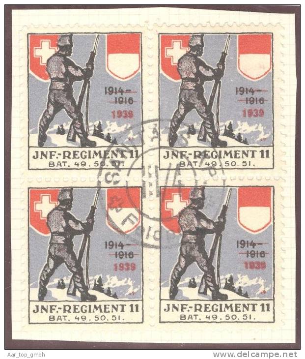 Schweiz Soldatenmarken Infanterie "Jnf.Regiment 11" Aufdruck 1939 4-er-Block Gestempelt - Vignettes