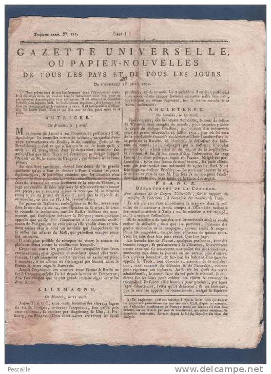 GAZETTE UNIVERSELLE OU PAPIER NOUVELLES 18 04 1792 - AUTRICHE - TULLE CORREZE - METZ - GUERRE MONTESQUIOU CLAVIERE ... - Zeitungen - Vor 1800