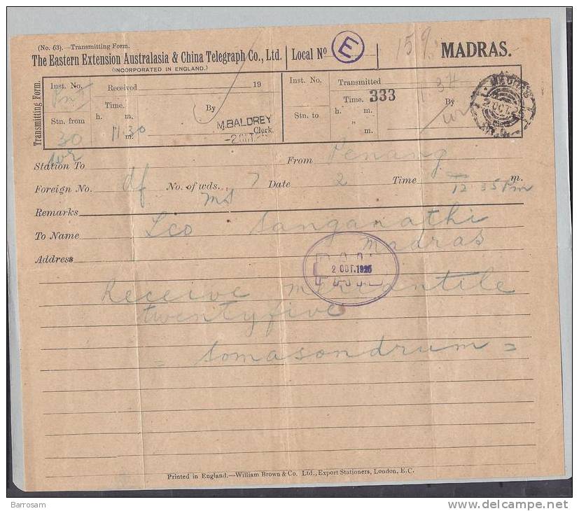 Penang1925: Telegraph To Madras - Other & Unclassified