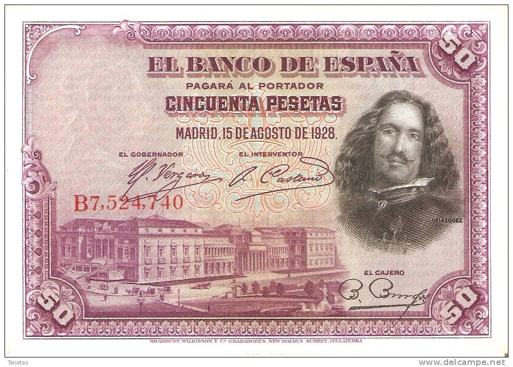 BILLETE DE ESPAÑA DE 50 PTAS DEL AÑO 1928 SERIE B CALIDAD MBC (BANKNOTE) - 50 Pesetas