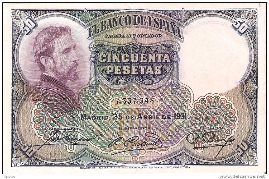 BILLETE DE 50 PTAS DE 1931 E. ROSALES SIN SERIE CALIDAD EBC+   (BANKNOTE) - 50 Peseten