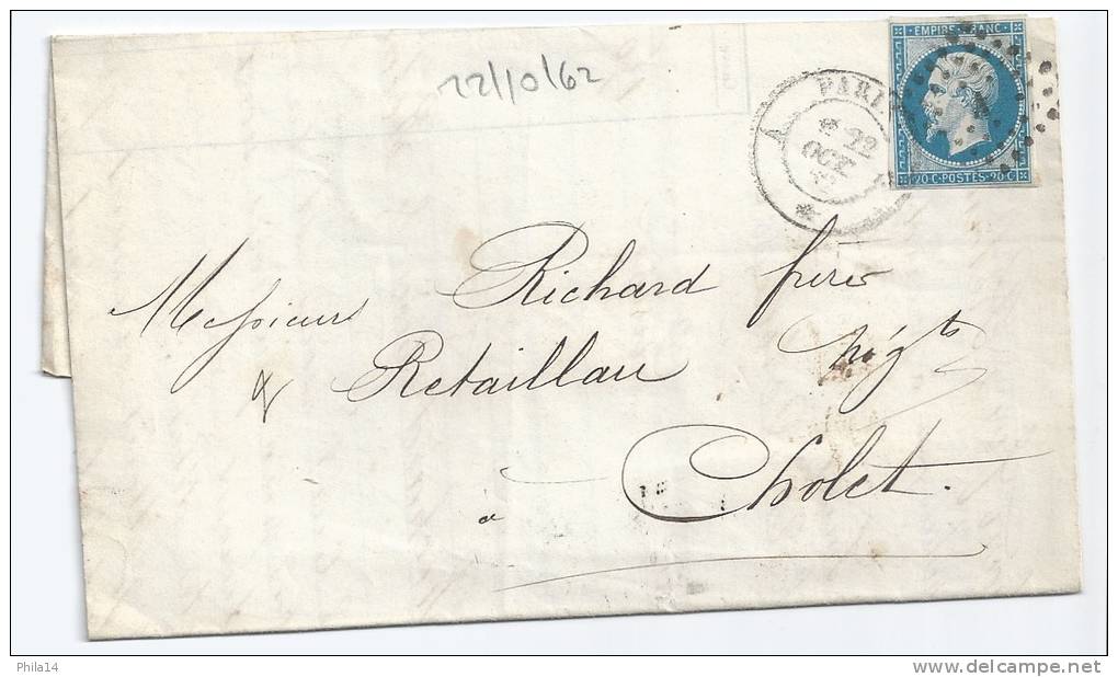 N° 14 BLEU NAPOLEON SUR LETTRE /  PARIS A POUR CHOLET / 22 OCT 1862  TYPE 2 - 1849-1876: Période Classique