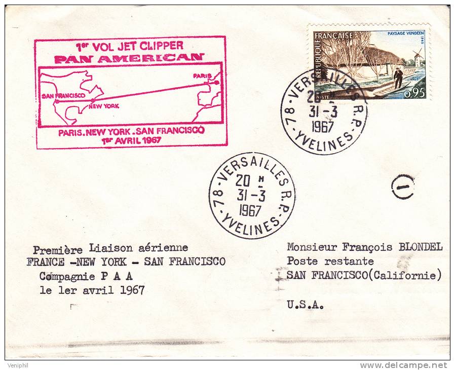 LETTRE PREMIER VOL PARIS -NEWYORK-SANFRANCISCO PAN AMERICAN -31-3-1967 - Eerste Vluchten