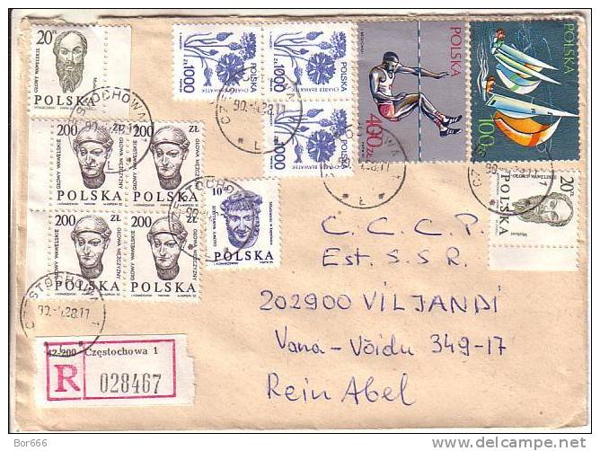 GOOD POLAND " REGISTERED " Postal Cover To ESTONIA 1990 - Good Stamped: Art / Persons ; Flowers ; Sport - Lettres & Documents