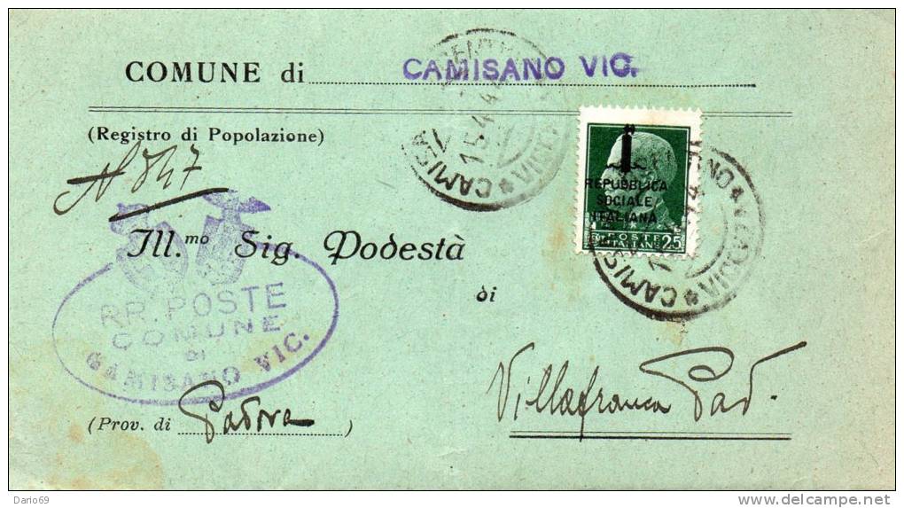 1944 LETTERA CON ANNULLO CAMISANO VICENTINO VICENZA - Marcophilia