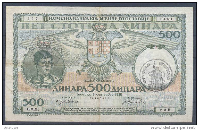 Montenegro Italian Occupation Paper Money Bill 500 Dinara "Verificato" Overprint 1941 USED - Altri – Europa
