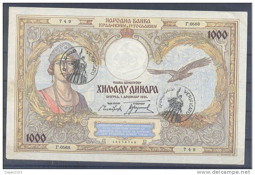 Montenegro Italy Occupation Paper Money Bill Of 1000 Dinara "Verificato" 1931 - Other - Europe